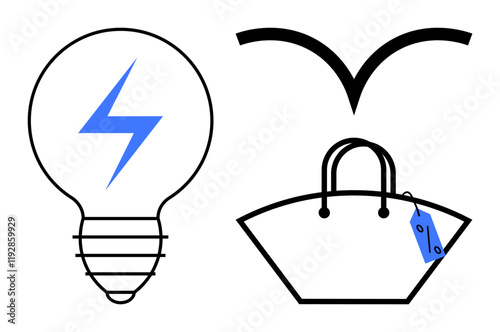 Light bulb with blue lightning represents innovation, bird symbol symbolizes freedom, shopping bag with price tag indicates commerce. Ideal for business, creativity, shopping, innovation, freedom