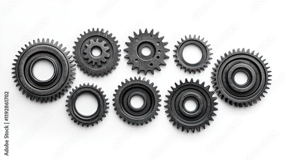 Gears of different sizes arranged in a symmetrical pattern. Gears of different sizes arranged in a symmetrical pattern.