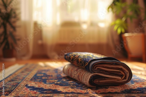 Ramadanthemed photo Neatly folded prayer rug in blurry interior photo