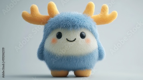 Adorable fluffy blue toy reindeer with yellow antlers, smiling.