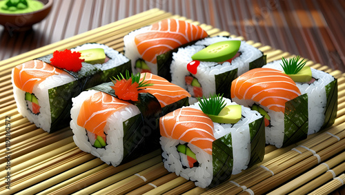 Delicious Sushi Rolls on Bamboo Mat, Restaurant Setting photo