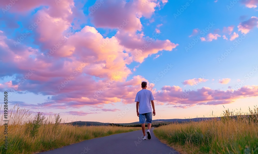 Man walks sunset road, colorful clouds, rural landscape, peaceful evening, travel Man walks sunset road, colorful clouds, rural landscape, peaceful evening, travel