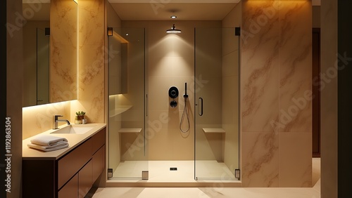 A bathroom with a rain shower, natural stone walls, and warm recessed lighting photo