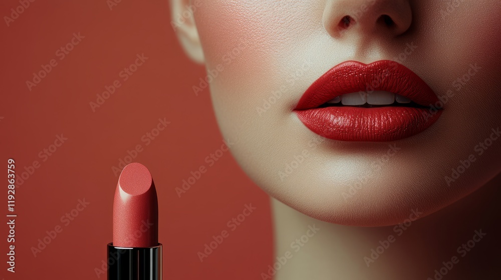 Obraz premium Elegant minimal design showcasing a beauty with flawless red lips and a matching lipstick. Generative AI