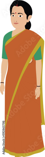 Indian woman in saree. young traditional wife with bangles. Brown adult woman wearing saree standing on flat floor. full length female character. full length female character in saree and blouse.