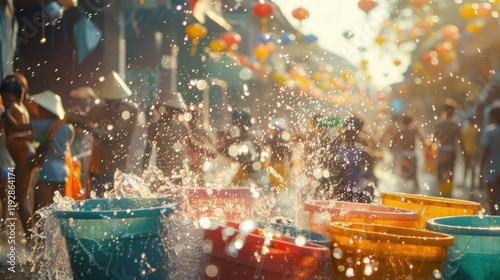 Songkran celebration with splashing buckets and blurred crowd photo photo