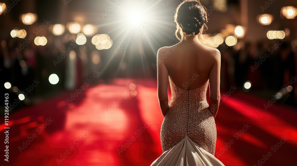 A model wearing an elegant evening gown on a red carpet. A model wearing an elegant evening gown on a red carpet.