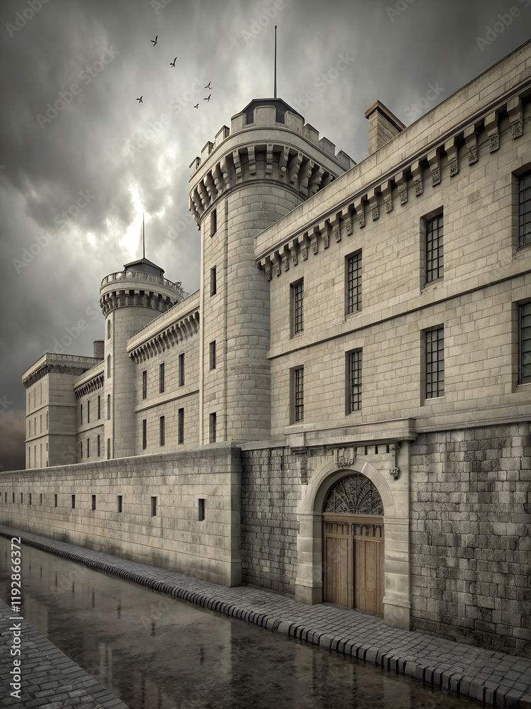Obraz premium Historical illustration capturing the imposing architecture of Bastille prison as it stands against a somber sky