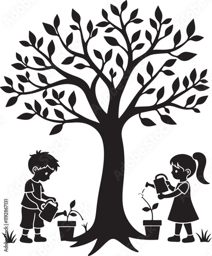  black line art drawing Silhouette of children watering a tree. planting tree to save the world 