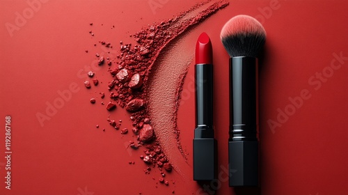 Clean minimalist website template showcasing red lipstick and makeup brush on a vibrant red background. Generative AI photo