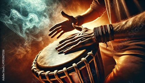 A man playing an ethnic percussion musical instrument jembe. Drummer playing african music.