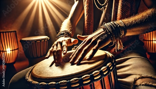 A man playing an ethnic percussion musical instrument jembe. Drummer playing african music.