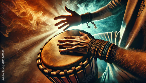 A man playing an ethnic percussion musical instrument jembe. Drummer playing african music.