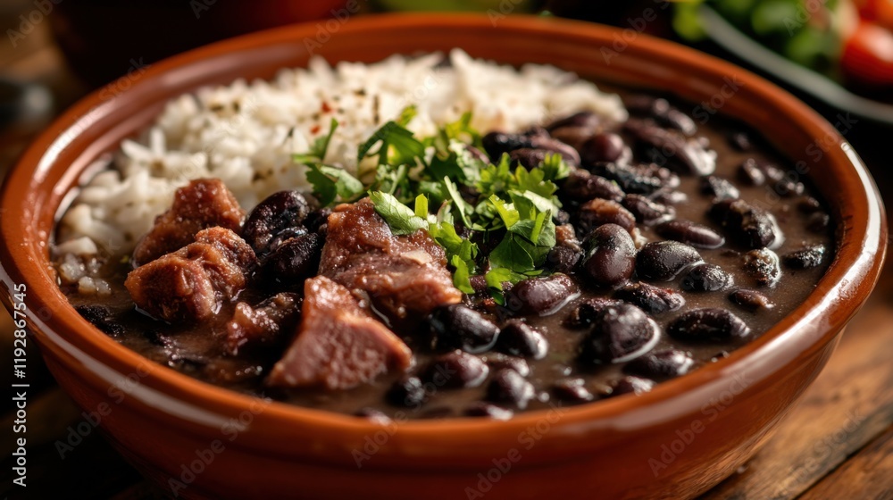 Close-up of rice and Brazilian feijoada with black beans and pork in a rustic earthenware pot, emphasizing hearty and savory nature. Ideal for Brazilian cuisine and traditional dishes. Close-up of rice and Brazilian feijoada with black beans and pork in a rustic earthenware pot, emphasizing hearty and savory nature. Ideal for Brazilian cuisine and traditional dishes.