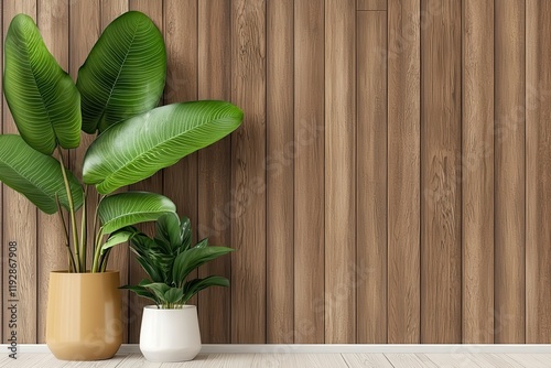interior minimal midcentury. Indoor plants against a wooden wall background.