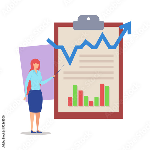 Businessman giving presentation vector illustration. Tiny woman with pointer near huge clipboard with bar chart and arrow up. Business report, finance, profit increase, presentation concept photo