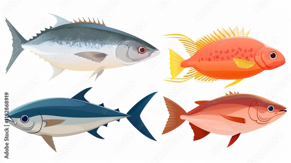 Naklejka premium Assorted Raw Fish on White Background for Food Presentation and Menu Design