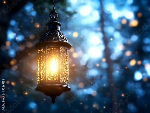 Illuminated lantern hanging in a mystical forest at night, glowing softly; perfect for fantasy, spirituality, or Ramadan themes photo