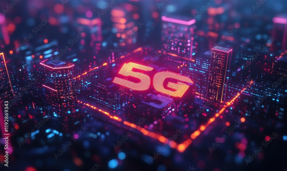 Fototapeta premium Futuristic Cityscape with Neon Lights Showcasing 5G Technology Concept in a Digital Landscape of Tall Buildings and Glowing Elements