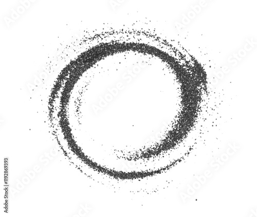 Fine black coal dust and granules arranged in an organic scatter pattern. Powder circle with 3-D effect with textural accents and fine particles on a clean background. PNG