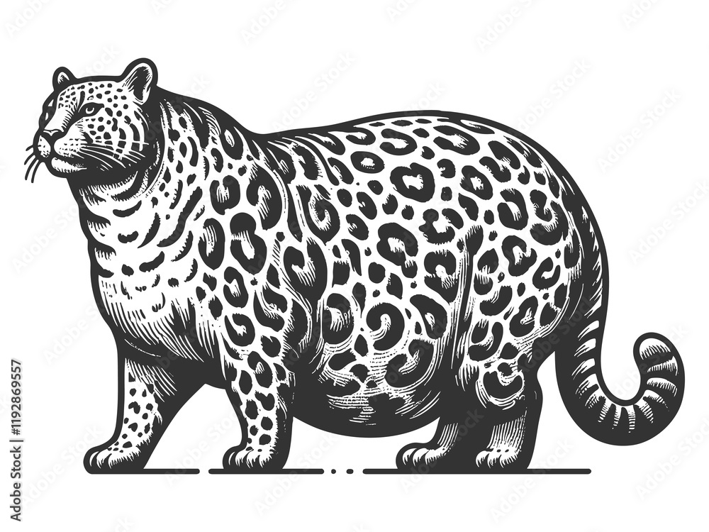Fototapeta premium chubby fat leopard with bold spots, combining humor and retro artistic style sketch engraving generative ai raster illustration. Scratch board imitation. Black and white image.