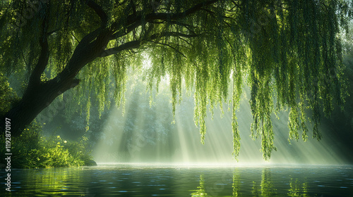 Weeping Willow Tree Over Calm Water - A Serene Nature Scene