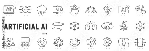 Set of AI related line icons. Artificial, tech, intelligence; brain; mind etc. Editable stroke.