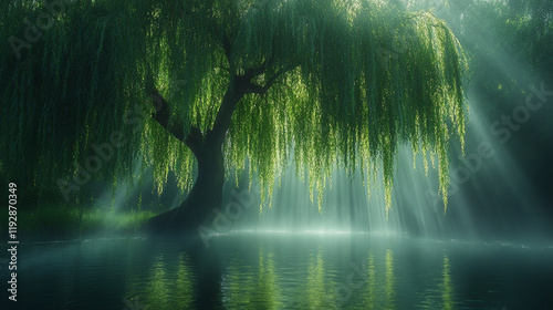 Weeping Willow Tree Over Calm Water - A Serene Nature Scene