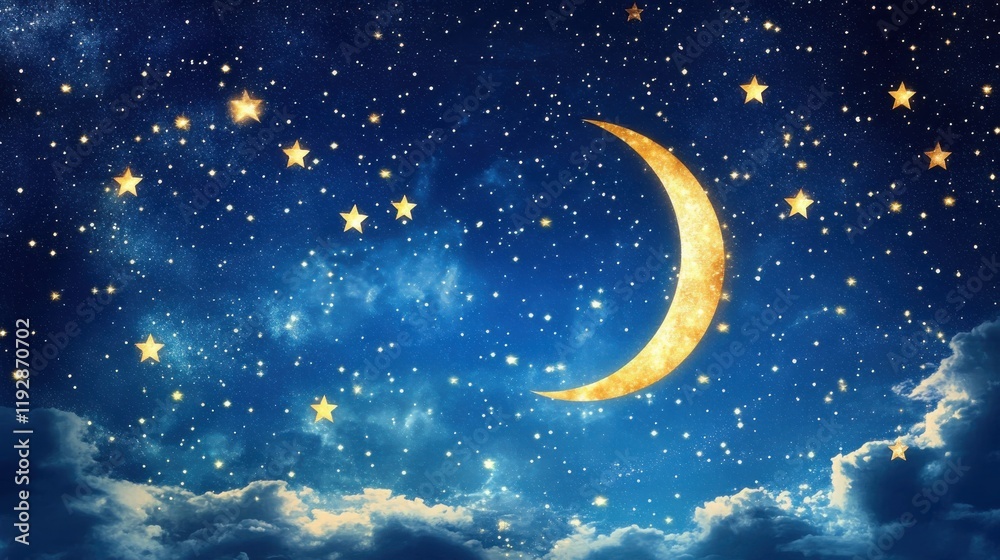 Naklejka premium Golden crescent moon & starry night