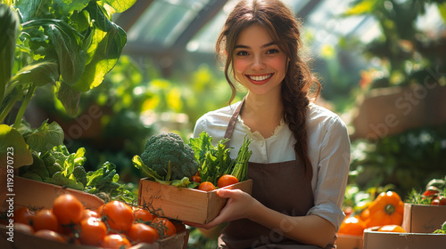 Woman Smiling with Fresh Greens - Embracing Healthy Eating and Wellness