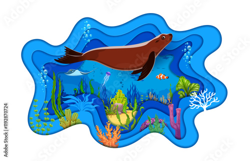 Paper cut sea underwater landscape with fur seal. Underwater life paper cut vector banner, aquatic nature animals wallpaper or 3d background with stingray, jellyfish, clown fish, seaweed plants