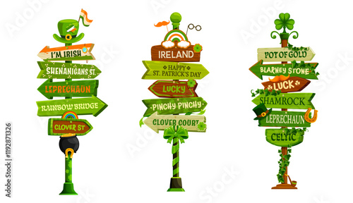 Saint Patrick day wooden sign board for Irish holiday, vector signage set. St Patrick day signboards with direction arrows to leprechaun street with shamrock clover, rainbow and golden horseshoe
