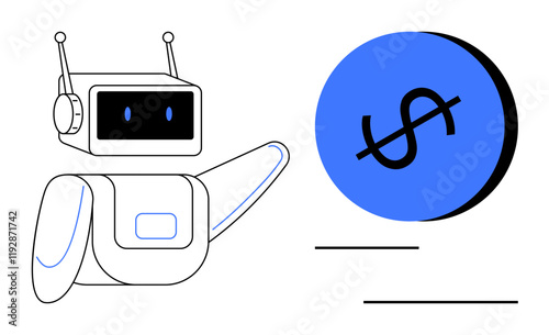 Robot with antennae and screen points at a blue coin with a dollar sign. Ideal for automation, finance, AI development, innovation, technology, modern banking, economic concepts. Flat abstract line