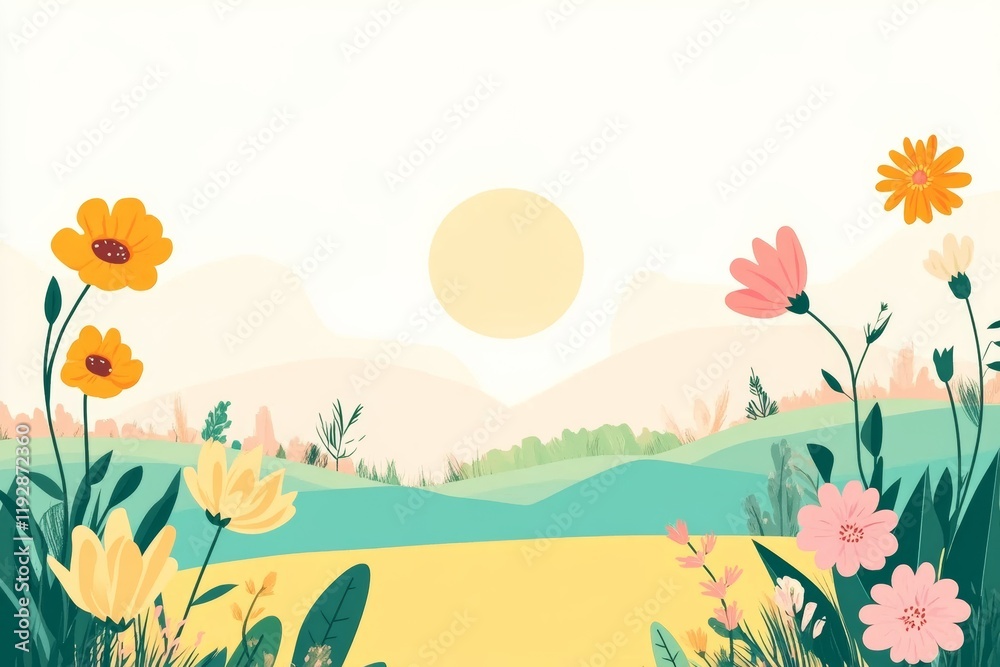 Obraz premium Illustration of a bright, colorful landscape with blooming flowers, sunshine, and a feeling of renewal and hope, minimal background with copy space