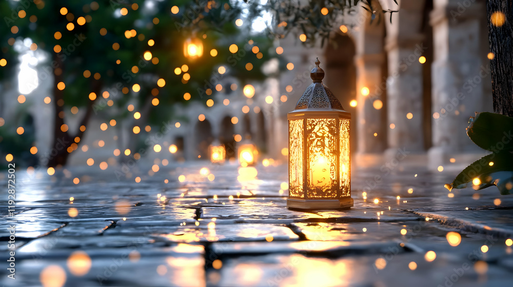 Illuminated lantern on cobblestone path, magical evening ambiance in ancient courtyard, perfect for Ramadan, travel or fantasy themes Illuminated lantern on cobblestone path, magical evening ambiance in ancient courtyard, perfect for Ramadan, travel or fantasy themes