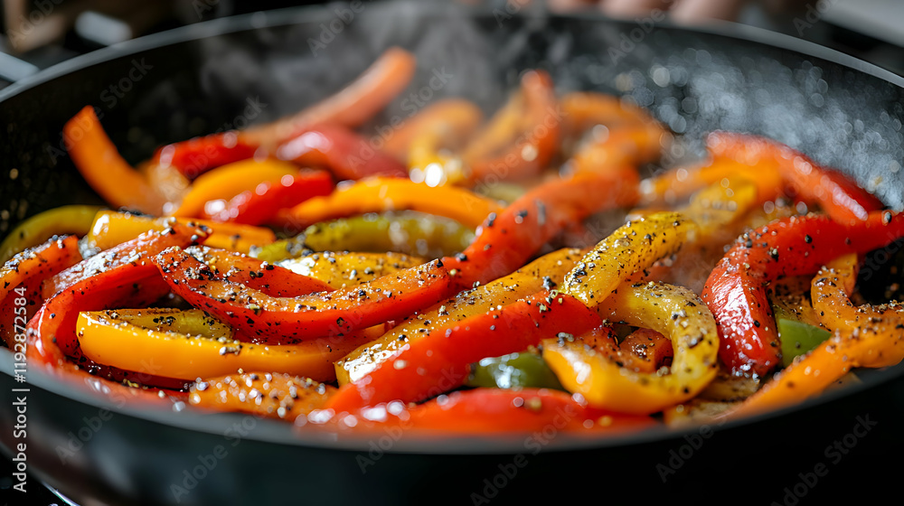 Sizzling Colorful Sliced Bell Peppers Cooking in a Pan Sizzling Colorful Sliced Bell Peppers Cooking in a Pan