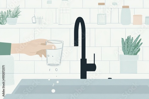 drink tap water campaign - person filling a glass with tap water from a modern kitchen faucet, emphasizing purity and sustainability, minimal background with copy space photo