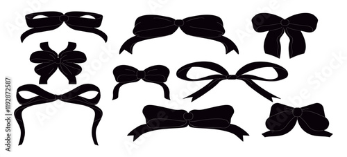 Set of minimalist various bow knots, tie ups, gift bows. Vector illustration. Isolated design elements. Wedding celebration, holiday, party decoration, gift, present concept.