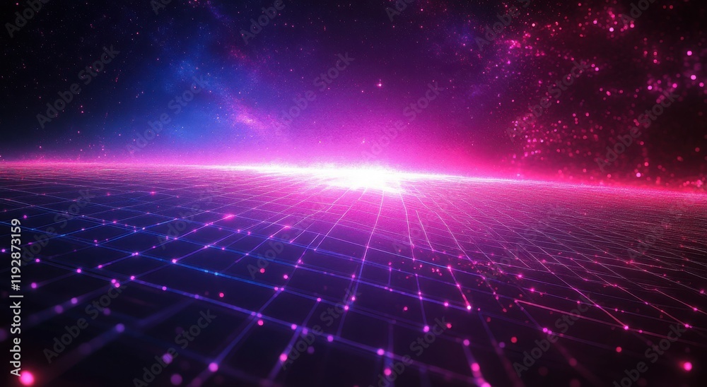 Obraz premium Futuristic Digital Landscape with Glowing Grids and Cosmic Elements in Vibrant Pink and Blue, Evoking a Sense of Technology and Exploration in a Sci-Fi Context