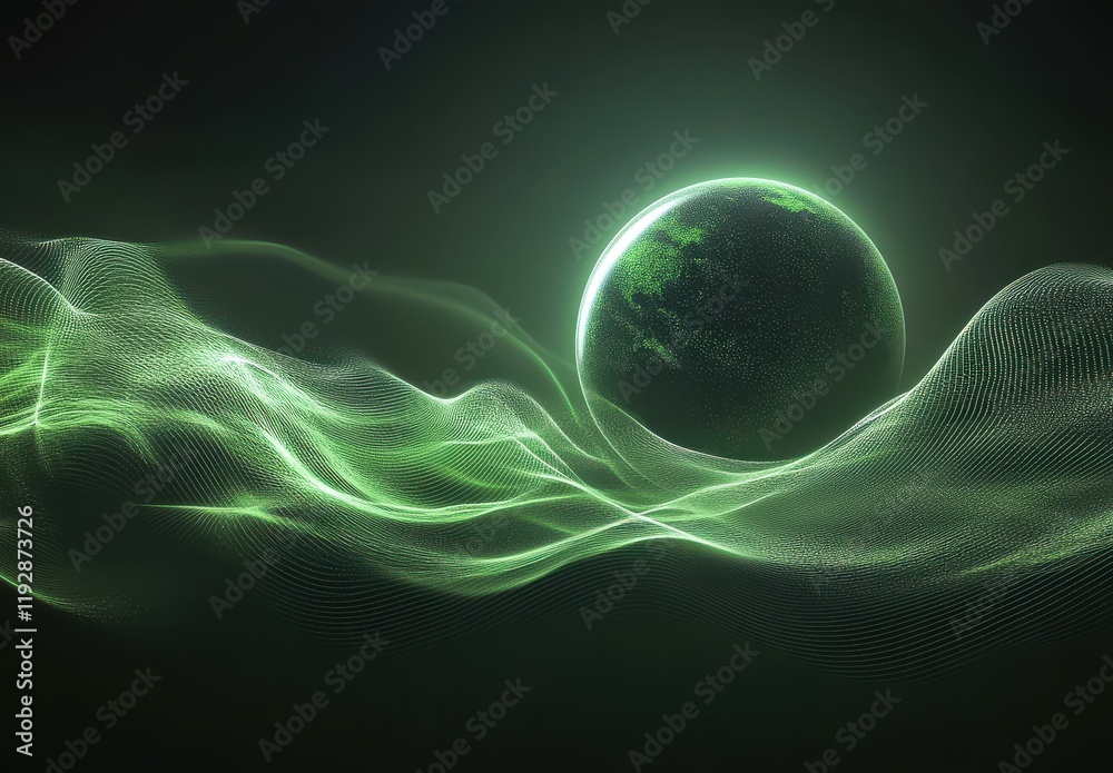 Naklejka premium Futuristic Green Wave with Glowing Planet in Cosmic Space Illustrates a Sense of Depth and Energy in a Digital Environment for Creative Projects