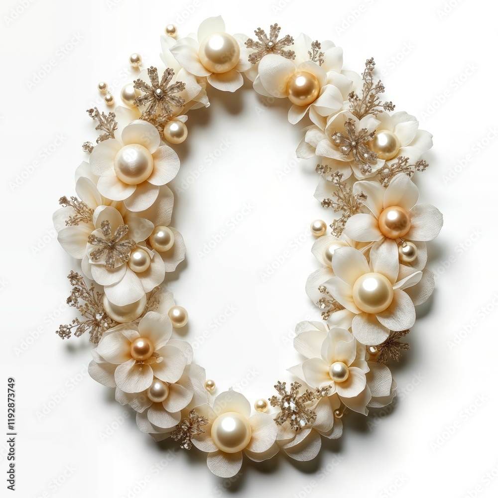 Letter or number crafted from pearl-encrusted pins, crystal combs, and satin ribbon flowers on a white background
Letter or number crafted from pearl-encrusted pins, crystal combs, and satin ribbon flowers on a white background
