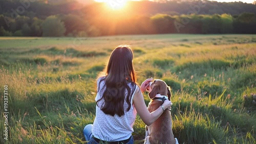 Heartwarming Moment Between Woman and Dog in Sunset Meadow | Silhouetted Companionship with Golden Light and Tranquil Nature Scene
