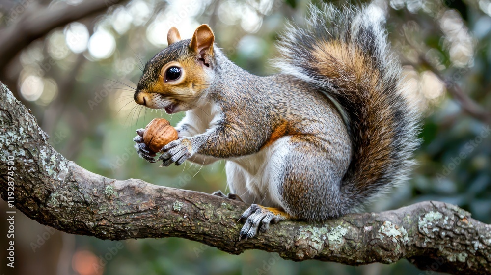 A squirrel holding a nut on a tree branch. A squirrel holding a nut on a tree branch.