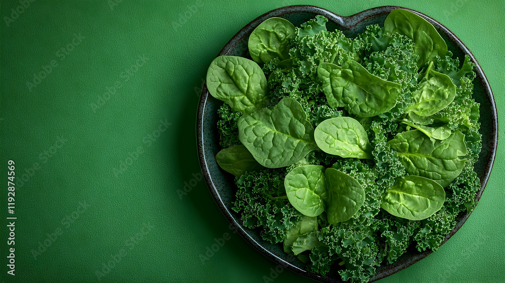 Obraz premium Fresh Spinach and Kale Salad on Green Background