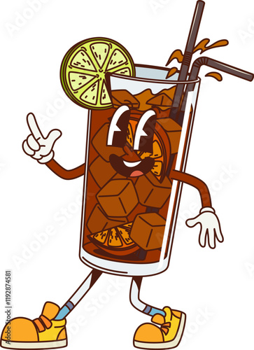 Cartoon retro groovy long island cocktail character. Vector retro personage of alcohol drink glass filled with iced tea or cola, ice cubes, and a lime slice, happily dancing with straws and sneakers