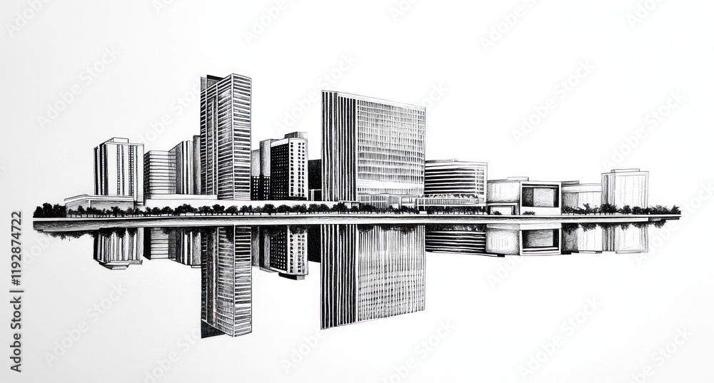 Fototapeta premium Reflective Cityscape: A Pen and Ink Drawing of an Urban Skyline Mirrored in Still Water