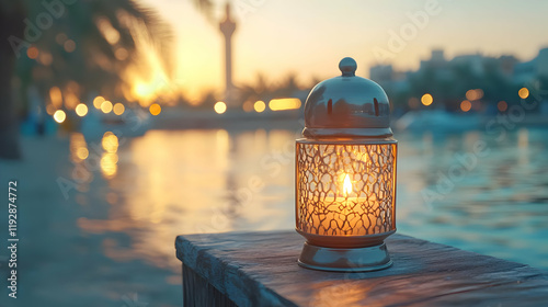 Illuminated lantern on waterfront at sunset, near a city and mosque, ideal for Ramadan or travel themes photo