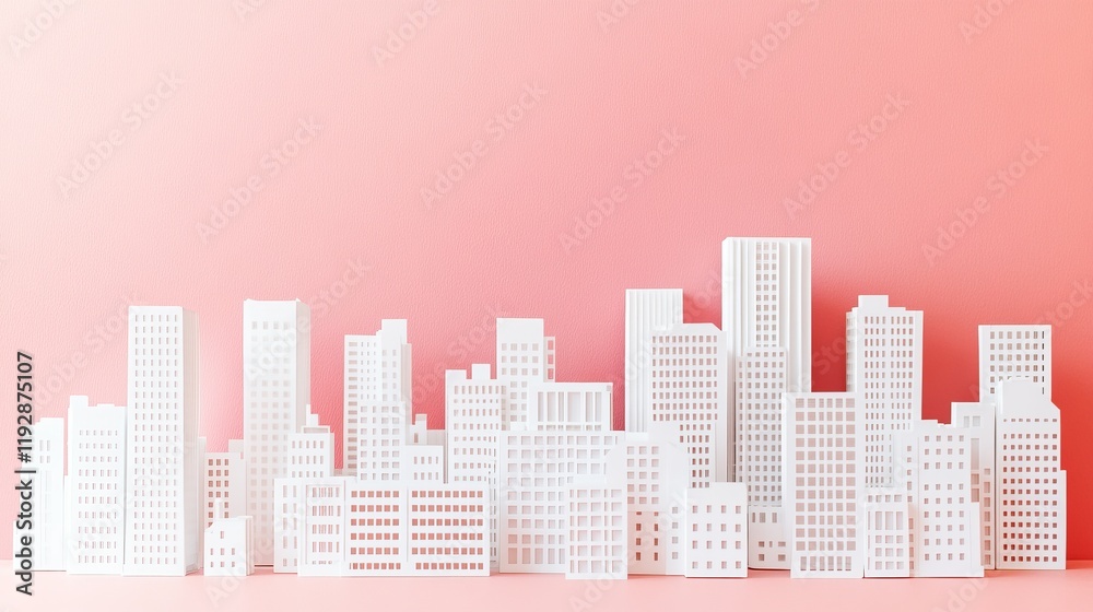 A Minimalist Paper Cityscape Design on a Pastel Pink Background A Minimalist Paper Cityscape Design on a Pastel Pink Background