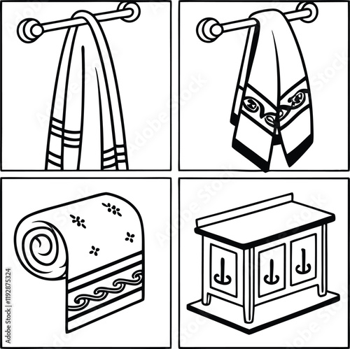 Simple Line Art Illustration of Towels and Rolled Towels on Hangers