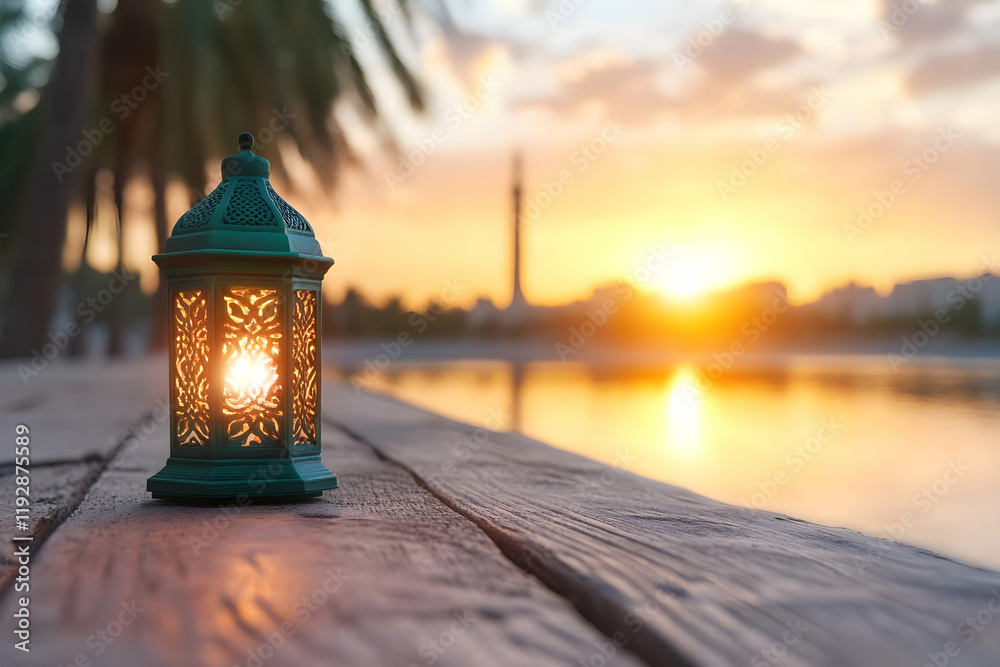 Illuminated lantern on wooden dock at sunset, reflecting on calm water; distant minaret silhouette; peaceful evening scene; ideal for Ramadan, peace, or travel themes